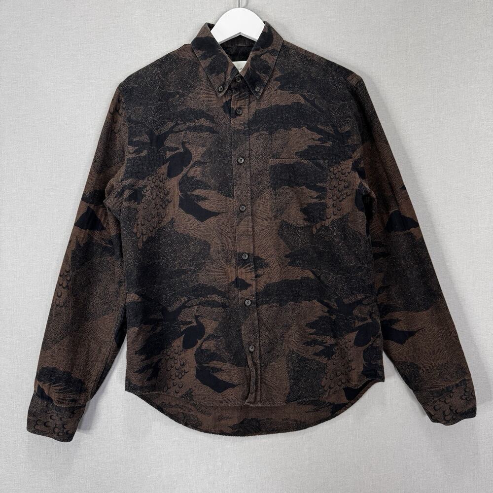 Billy Reid Slim Button-Up Shirt Womens M Brown Bird Peacock Print Abstract Artsy